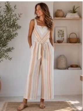 Anthropologie Savannah Striped Jumpsuit Linen Blend Bow Front Square Neck Size 6